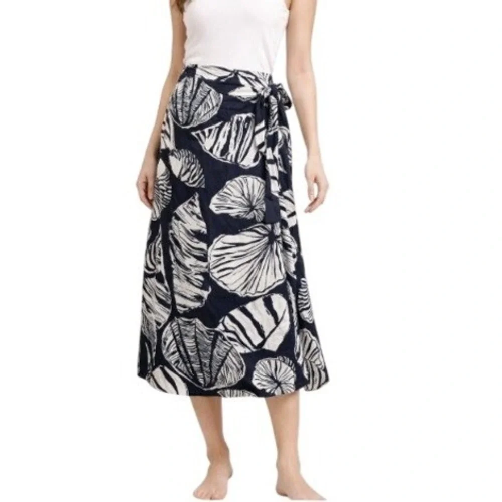 Nicole Miller Wrap Skirt XS Blue White Linen Blend Seashell Coconut Girl Resort - Picture 1 of 15